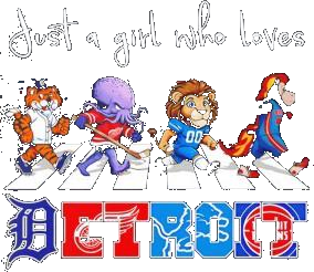 Just A Girl Who Loves Detroit Tigers Wings Lions Pistons Mascots Walking Across Shirt