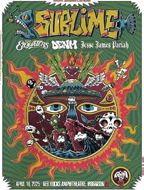 Sublime Live Show At Red Rocks Amphitheatre In Morrison Co On April 18 2025 Featuring Psychedelic Comic Mushroom Sun And Alien Shirt